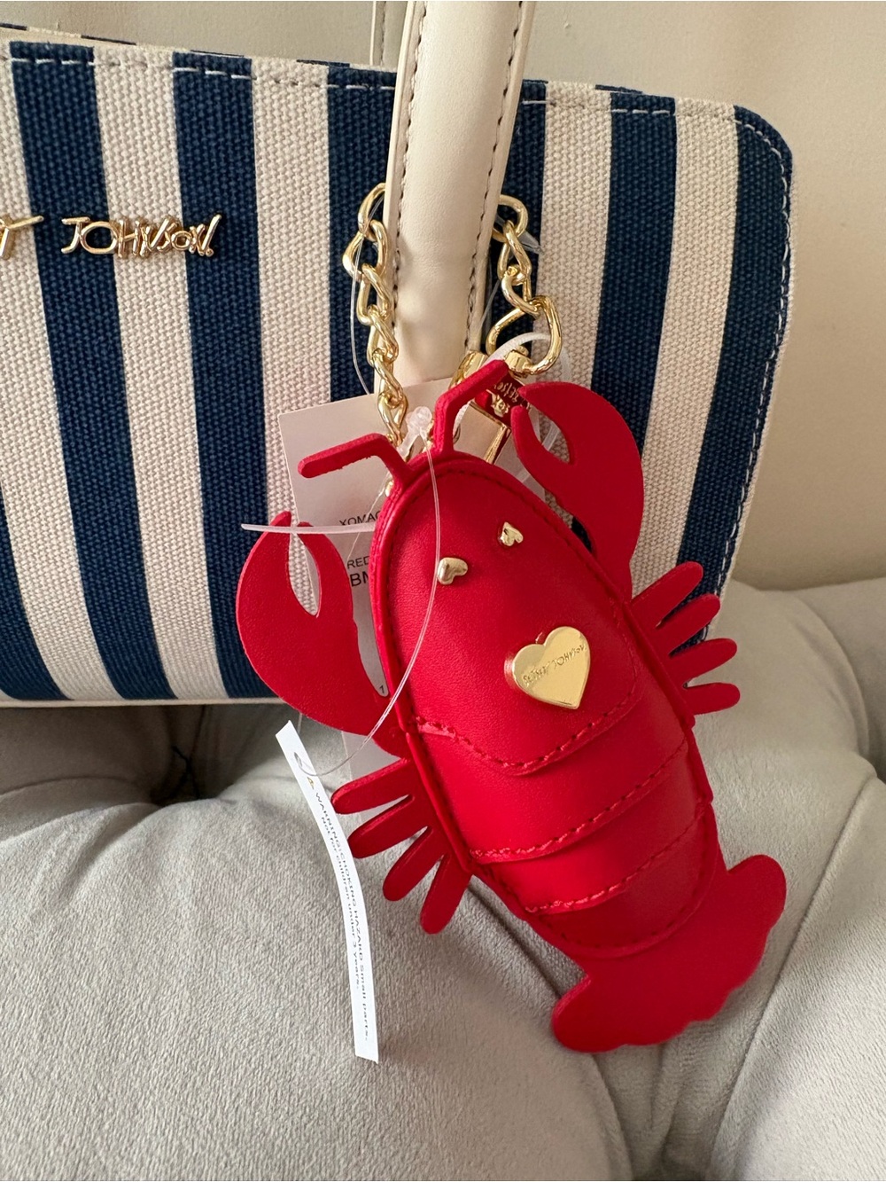Betsey Johnson Navy & Cream Striped Shoulder Bag with Red Lobster Charm - Picture 2 of 13